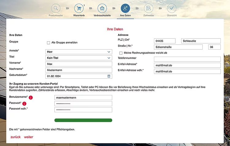 Screenshot Bestellstrecke zum Punkt Daten eingeben