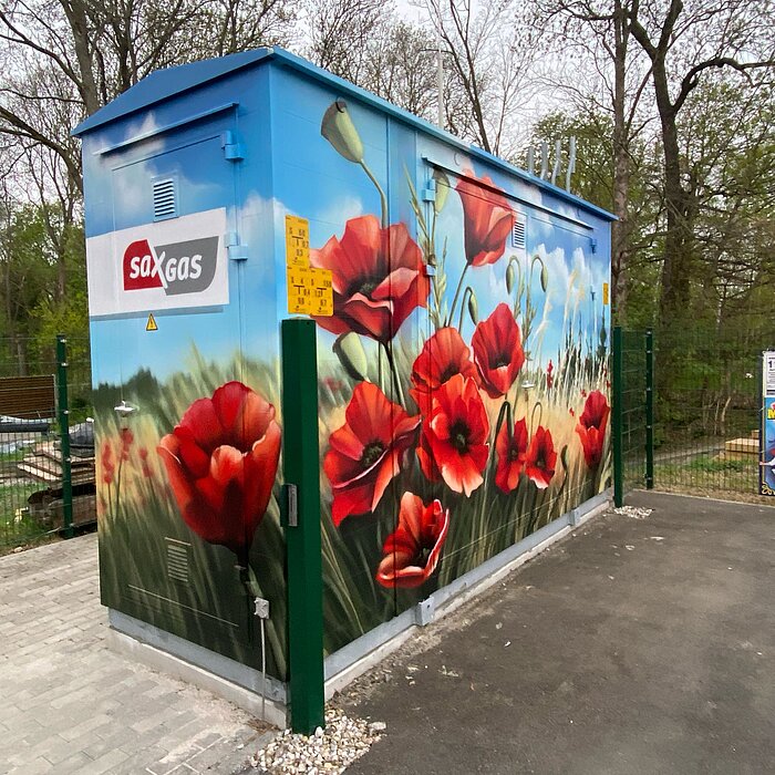 Eine Gasstation von von außen - besprüht mit Mohnblumen