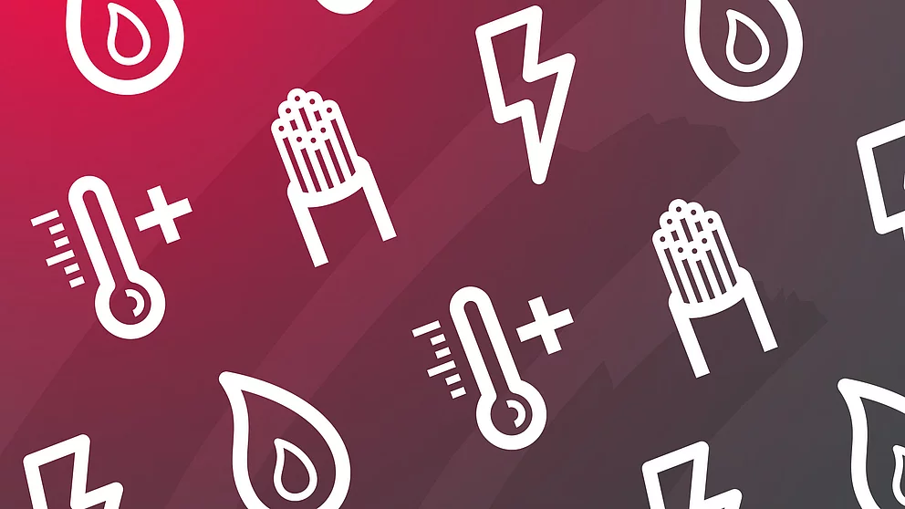 Symbole von Gas, Strom, Glasfaser und Wärme