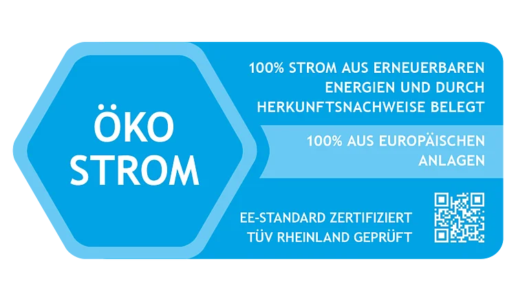 ÖKOSTROM-Siegel des EE-Standards: 100 % Strom aus erneuerbaren Energien aus europäischen Anlagen, durch Herkunftsnachweise belegt, TÜV Rheinland geprüft.