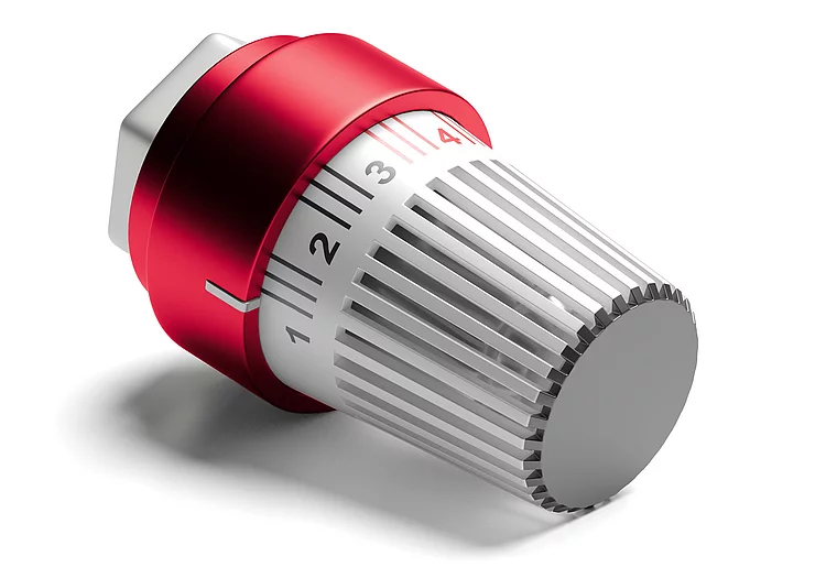 Ein Heizungsthermostat in den Farben der Stadtwerke Schkeuditz
