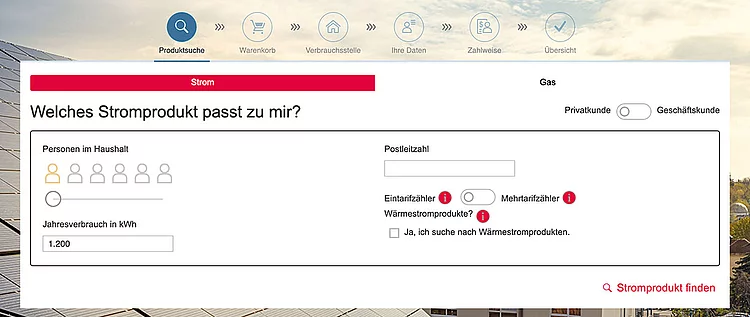 Screenshot Bestellstrecke zum Punkt Produktsuche
