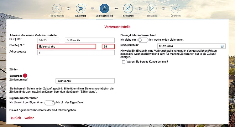 Screenshot Bestellstrecke zum Punkt Verbrauchsstelle