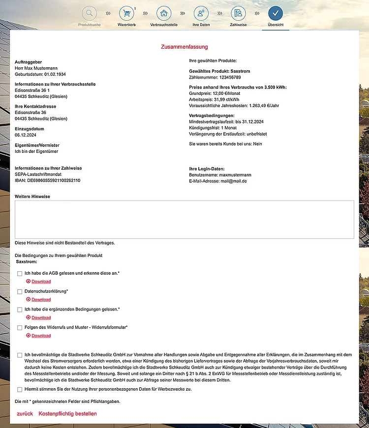 Screenshot Bestellstrecke zum Punkt Übersicht eingeben