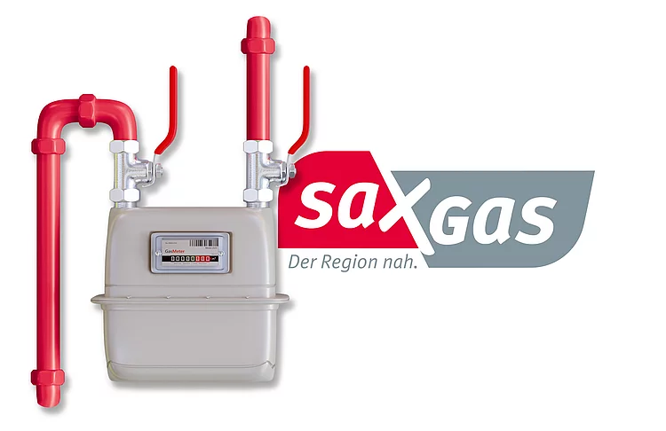 Ein Gaszähler und ein Saxgas-Logo