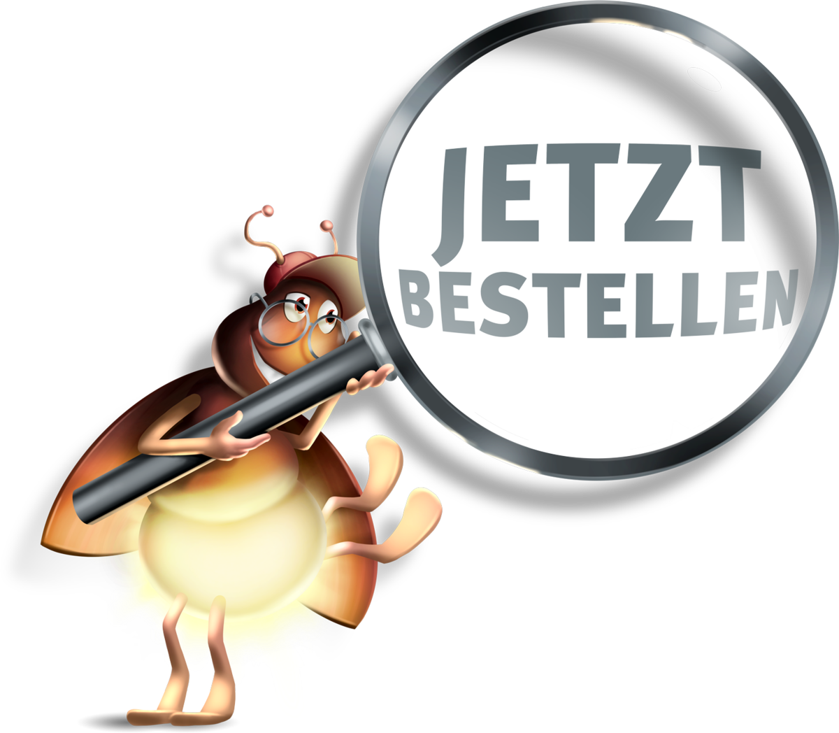 Stromi hält eine Lupe und vergrößert die Wörter "Jetzt bestellen".